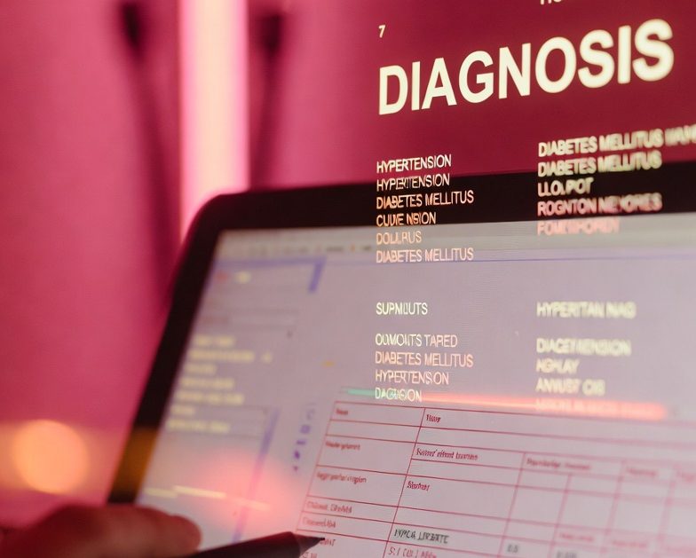 BU Übersicht über 300 Diagnosen und 150 Sportarten Hand hält ein Laptop mit einer Diagnoseübersicht auf dem Bildschirm Berufsunfähigkeitsversicherung