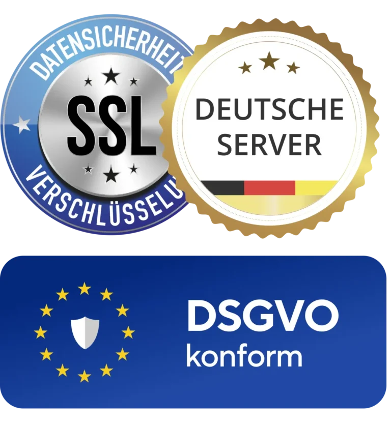 Sicherheits- und Datenschutzsymbole für Webseiten, einschließlich SSL und DSGVO.