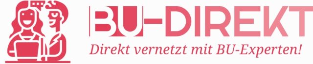 BU-Direkt Logo Zwei lächelnde Personen, eine mit Laptop, im Gespräch in einem kreativen Umfeld.