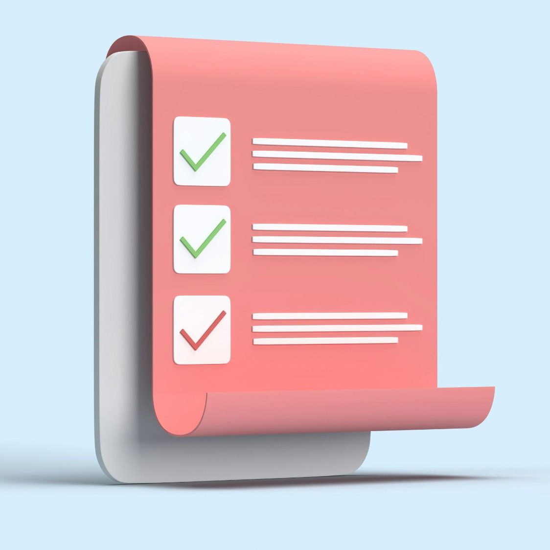 Unsere digitalen Services für deinen BU-Vertrag Rotes Dokument mit Häkchen und Checkboxen auf einem hellblauen Hintergrund.