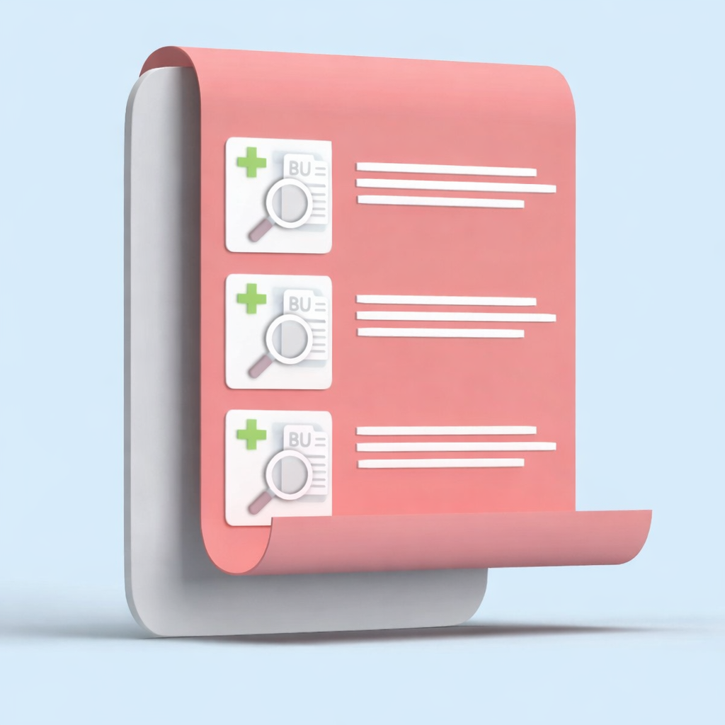 Rosa Liste mit drei Einträgen und Lupensymbol für Analyse der Berufsunfähigkeitsversicherung